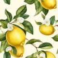 Beautiful seamless pattern yellow lemons and flowers on pastel background in vintage style. Royalty Free Stock Photo