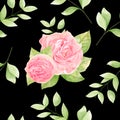 Beautiful seamless print of painted roses and herbs. Stylish print for textile and design. Plain floral black background