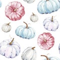 Beautiful seamless pumpkins pattern on isolated white background. Watercolor illustration. Hand drawing. It is perfect for thanksg