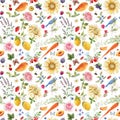 Beautiful seamless summer pattern with watercolor flowers and lemon pear orange mango fruits. Stock illustration.