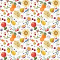 Beautiful Seamless Summer Pattern With Watercolor Flowers And Lemon Pear Orange Mango Fruits. Stock Illustration.