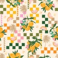 Beautiful seamless Summer Vacation Seamless pattern. Summer fruit, Lemon , Oranges , flower, banana,beach and ocean vector hand Royalty Free Stock Photo