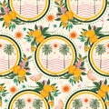 Beautiful seamless Summer Vacation Seamless pattern. Summer fruit, Lemon , Oranges , Palm trees , Sunset flower,beach Royalty Free Stock Photo