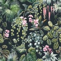 Beautiful seamless tropical floral pattern with hand drawn watercolor exotic jungle flowers. Stock illustration.