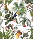 Beautiful seamless tropical floral pattern with hand drawn watercolor exotic jungle palm trees and animals. Toucan