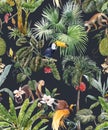 Beautiful seamless tropical floral pattern with hand drawn watercolor exotic jungle palm trees and animals. Toucan