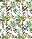 Beautiful seamless tropical floral pattern with hand drawn watercolor exotic jungle palm trees and animals. Toucan