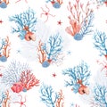 Beautiful seamless underwater pattern with watercolor sea life coral shell and starfish. Stock illustration. Royalty Free Stock Photo