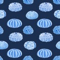 Beautiful seamless underwater pattern with watercolor sea urchin. Stock illustration. Royalty Free Stock Photo