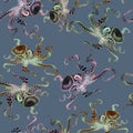 Beautiful seamless underwater pattern with watercolor octopus.