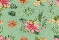 Beautiful seamless vector floral pattern, spring summer background with tropical flowers, leaves,leaf, hibiscus, bird of paradise Royalty Free Stock Photo