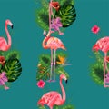 Beautiful seamless vector floral summer pattern background with tropical palm leaves, flamingo, hibiscus. Royalty Free Stock Photo