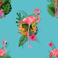 Beautiful seamless vector floral summer pattern background with tropical palm leaves, flamingo, hibiscus.