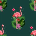 Beautiful seamless vector floral summer pattern background with tropical palm leaves, flamingo, hibiscus. Royalty Free Stock Photo