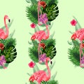 Beautiful seamless vector floral summer pattern background with tropical palm leaves, flamingo, hibiscus. Royalty Free Stock Photo