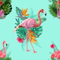 Beautiful seamless vector floral summer pattern background with tropical palm leaves, flamingo, hibiscus. Royalty Free Stock Photo