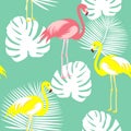 Beautiful seamless vector floral summer pattern background with tropical palm leaves, flamingo, hibiscus. Perfect for Royalty Free Stock Photo