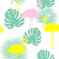 Beautiful seamless vector floral summer pattern background with tropical palm leaves, flamingo, hibiscus. Perfect for Royalty Free Stock Photo