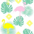 Beautiful seamless vector floral summer pattern background with tropical palm leaves, flamingo, hibiscus. Perfect for Royalty Free Stock Photo