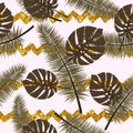 Beautiful seamless vector floral summer pattern background with tropical palm leaves and gold tinsel.Perfect for