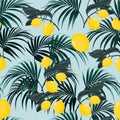 Beautiful seamless vector floral summer pattern background with tropical palm leaves and lemons. Royalty Free Stock Photo