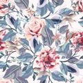 Beautiful seamless vector vintage pattern with pink roses, blue leaves and flowers Royalty Free Stock Photo