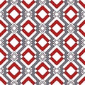 Beautiful Seamless Wallpaper, A Pattern Of Interweaving White Rhombuses With Red And Gray. Gray Background, Dark Outline