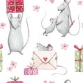 Beautiful seamless watercolor pattern with cute mouse and red candy. Perfect for your project,packaging. Wallpaper,cover design, i