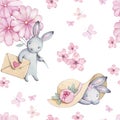 Beautiful seamless watercolor pattern with cute rabbit in hat and pink flowers, butterfly and heart.