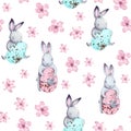 Beautiful seamless watercolor pattern with cute rabbit and pink flowers. Perfect for your project, pack