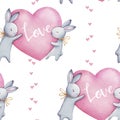 Beautiful seamless watercolor pattern with cute rabbits and pink hearts. Perfect for your project, packaging, wallpaper, cover des