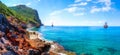 Beautiful seascape in Alanya, Turkey. Sunny summer day in turkey resort. Amazing view on rocky coastline and blue mediterranean Royalty Free Stock Photo