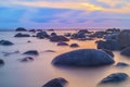 Beautiful seascape background, rocks in the Irish Sea at Seascale beach, Cumbria, England, United Kingdom Royalty Free Stock Photo