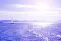 Beautiful seascape with calm blue sea with shiny water surface and sailing boat, vacation on sunny islands Royalty Free Stock Photo