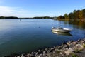 Beautiful seascape with calm sea and moored motor boat