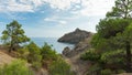 Beautiful seascape, cape Kapchik to the Galitsin Trail and blue bay of the Black Sea. Sudak, Crimea