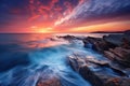 Beautiful seascape. Colorful sunset over the sea. Long exposure, Beautiful seascape at sunset. Long exposure shot with long