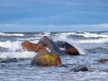 Beautiful seascape, dark clouds and white waves