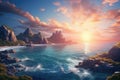 Beautiful seascape. Dramatic sunset over the sea, Fantasy Landscape with Mountain and the sea. rendering, AI Generated Royalty Free Stock Photo