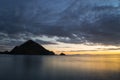 Beautiful seascape with hills at sunrise time