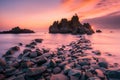 Beautiful seascape with long exposure of rocks and sea at sunset