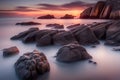 Beautiful seascape with long exposure of rocks and sea at sunset