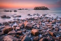 Beautiful seascape with long exposure of rocks and sea at sunset