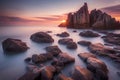 Beautiful seascape with long exposure of rocks and sea at sunset