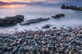 Beautiful seascape with long exposure of rocks and sea at sunset