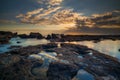 Beautiful seascape. Long exposure rocky beach during low ride. Panoramic ocean view. Composition of nature. Sunset scenery