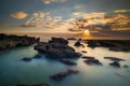 Beautiful seascape. Long exposure rocky beach during low ride. Panoramic ocean view. Composition of nature. Sunset scenery Royalty Free Stock Photo