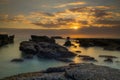 Beautiful seascape. Long exposure rocky beach during low ride. Panoramic ocean view. Composition of nature. Sunset scenery Royalty Free Stock Photo