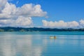 Seashores of New Zealand; beautiful seascape, bright blue ocean, and some people far away enjoying water activities.