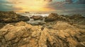 Beautiful seascape, ocean views, rocky coast, sunlight on the horizon. Composition of nature. Sunset scenery background. Cloudy Royalty Free Stock Photo